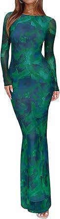 REORIA Women's Spring Mesh Sheer Long Sleeve Wedding Guest Dress Sexy Floral Bodycon Maxi Long Dresses