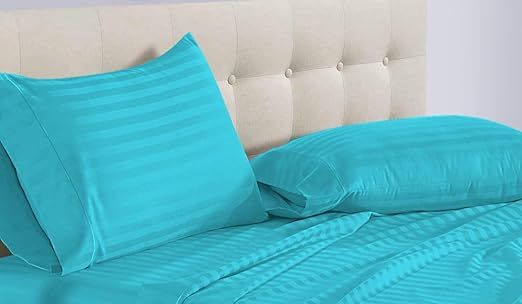 True Luxury Pure Heavy Rich Supima ELS Cotton 4-Piece Bed Sheets Set Full Size Fits mattresses Upto 30-34” deep Pocket – Sateen Weave (Stripe, Turquoise)