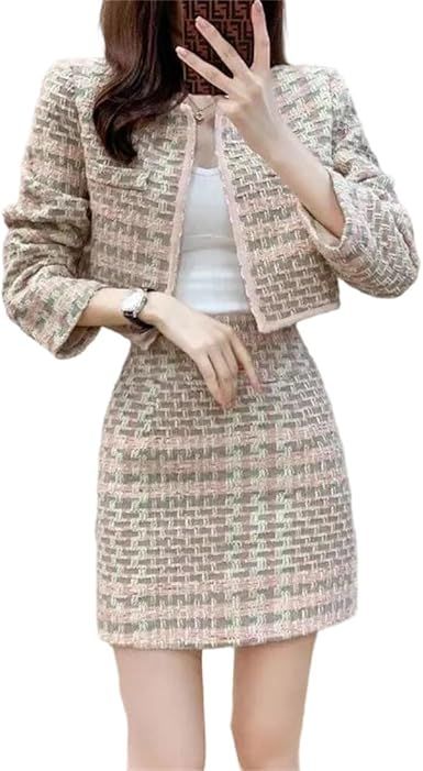 Women's Tweed 2Pcs Set Short Jacket+Short Skirt Small Fragrance Style Set