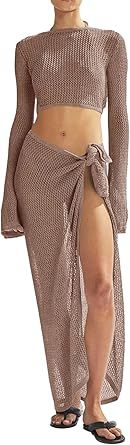 Women's Swimsuits Cover Ups Set for Crochet Bathing Suit Hollow Out 2 Piece Bikini Coverup Beach Swimwear