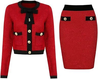 Women's Autumn Bow Color Blocked Elastic Knitted Skirt Set