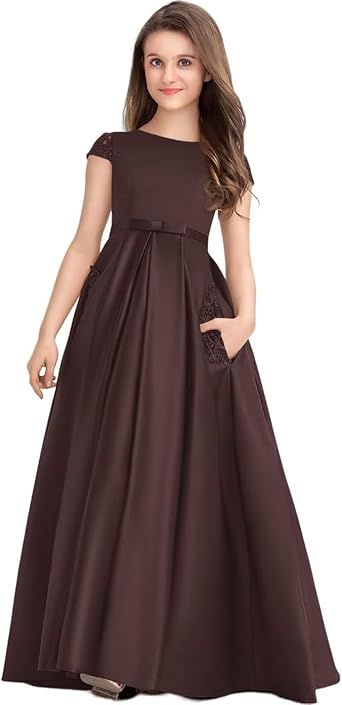 Princess Long Lace Satin Junior Bridesmaid Dress Flower Girl Dress