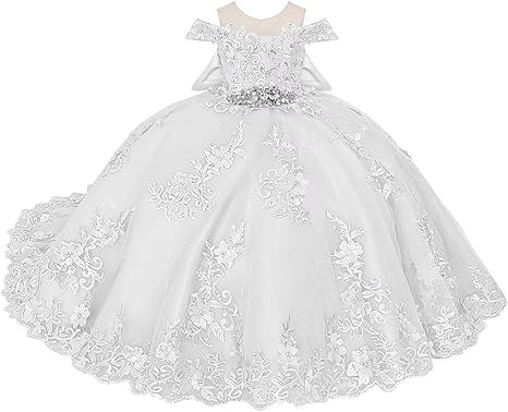 Boatneck Lace Flower Girl Dresses 3D Flower Ball Gown Dresses for Girls Pearly Crystal Girls Pageant Dress