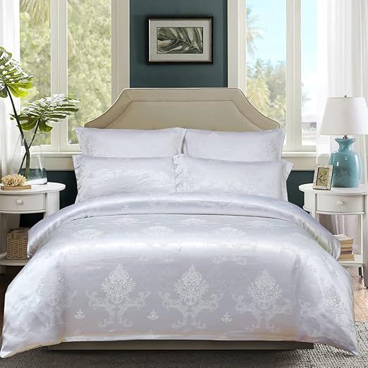Comforter Set Satin Silk Blanket All Season Bed Comforter Queen Set Royal White Bedspread Luxury Jacquard Quilt Bedding Sets Matching 2 Pillow Shams (King)