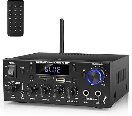 BT-398A Stereo Audio Amplifier, Receiver for Speakers Max 900W, 2.0 Channel Stereo Receiver with FM Radio, USB/SD/AUX Optical & Coaxial Inputs,Amplifier Home Audio for Passive Speakers