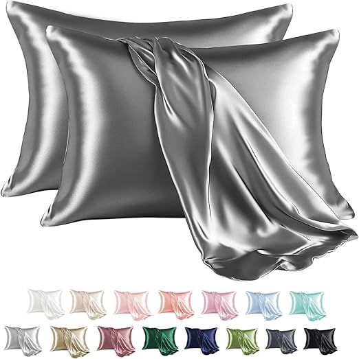 MR&HM Satin Pillowcase for Hair and Skin, Silk Satin Pillowcase 2 Pack, Queen Size Pillow Cases Set of 2, Silky Pillow Cover with Envelope Closure (20x30, Dark Grey)