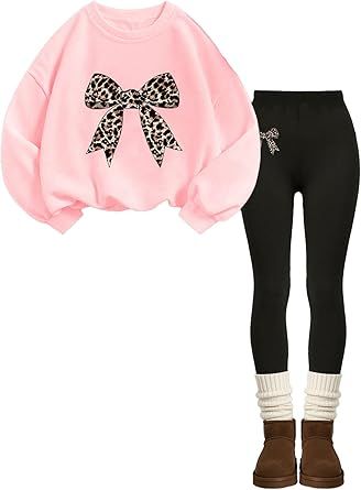 Girls Long Sleeve Sweatshirt 2 Piece, Bow Graphic Top and Pants Spring Fall Fashion Casual Clothes.