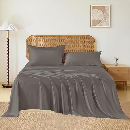 THXSILK Luxury Mulberry Silk Bed Sheets Set - 4pcs Silk Sheets Set 16" Deep Pocket - 1 Fitted Sheet, 1 Flat Sheet, 2 Pillowcases with Zipper Closure - Full, Charcoal