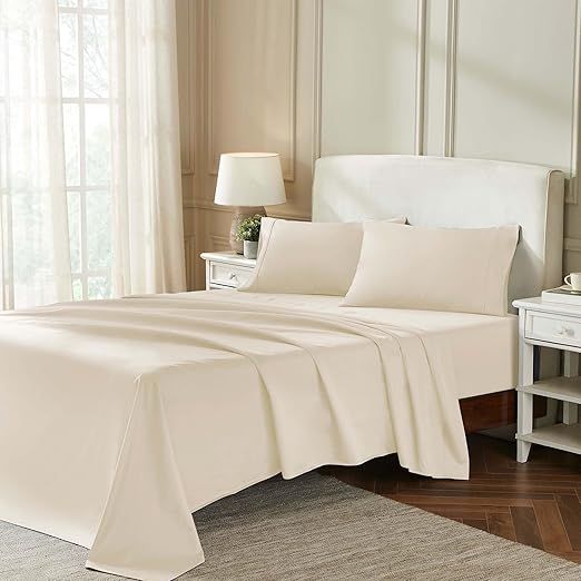 Superior Egyptian Cotton 850 Thread Count Bed Sheet Set, 1 Elastic Deep Pocket Fitted Sheet, 1 Flat Sheet, 2 Pillowcases, Daily Soft Sheets, Luxury, Plush, Home Collection, California King, Ivory