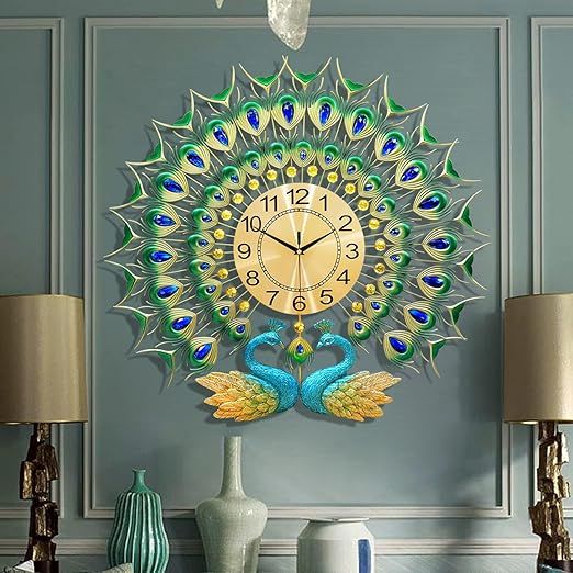 Large Peacock Wall Clock 27.6 inch Non-Ticking Silent Crystal Creative Personality Modern Art Decorative Wall Clocks for Living Room Decor