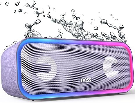 DOSS SoundBox Pro+ Bluetooth Speaker, Immersive 24W Stereo Sound with Booming Bass, IPX6 Waterproof, 15H Playtime, Mixed Colors Lights, Wireless for Backyard, Hiking, Garage, Party-Purple