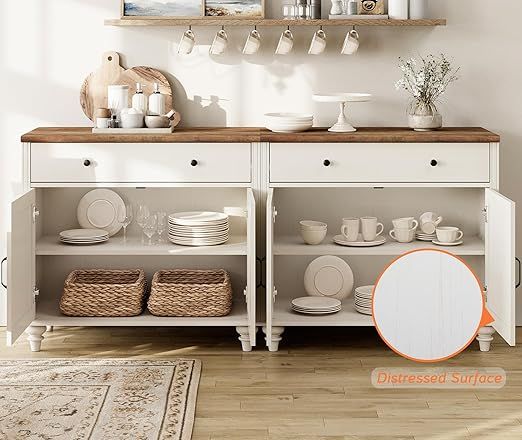 WAMAPT Buffet Cabinet with 6 Doors and 4 Drawers, Large Coffee Bar Table Wood Kitchen Storage Cabinets, Modern Farmhouse Sideboard Credenza for Dining Room, White, 101 inch