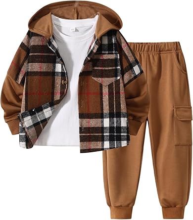 2Pcs Kids Boys Flannel Plaid Shirt Tops Pants Set Hoodie Sweatsuit for Fall Winter Spring Outfits 4-12 Years