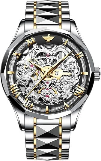 OUPINKE Gold Men Automatic Mechanical Wrist Watches Luxury Dress Tungsten Steel Luminous Waterproof Sapphire Diamond Calendar Best Gifts Men