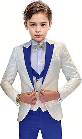 Boys Tuxedo Suit Jacquard Slim Fit 3 Piece Kids Tuxedo Suits for Boys Formal Wedding Suit Blazer Vest Pants