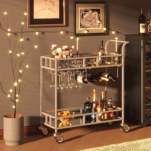 Bar Cart, Serving Cart for Home, Microwave Cart, Drink Cart, Mobile Kitchen Shelf with Wine Rack and Glass Holder, Rolling Beverage Cart