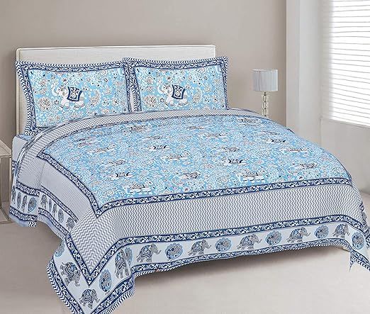 Cotton Printed Bedsheet Set | Soft-Breathable Bedding with Zippered Pillow Covers (Blue, King (U.S. Standard))