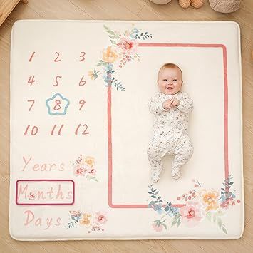 1.3" Thick Playmat for Floor, 50 x50 Monthly Milestone Mat, Padded Support Soft Plush Nursery Mats for Crawling Kick Activity, Flannel Photography Background Prop for Grils