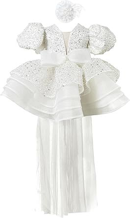 Sequins Pageant Princess Dress Toddler Girls Bubble Sleeves Birthday Party Dress Flower Girls Tutu Detachable Tail