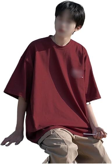 Wine Red Japanese Men's Short Sleeve T-Shirt Loose Large Medium