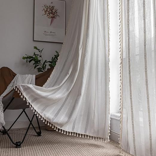 Boho Linen Curtains - 96 Inch Long, 2 Panel Off White Country Farmhouse Curtains for Bedroom & Living Room - Light Filtering Rod Pocket Drapes (52" W x 96" L, White)