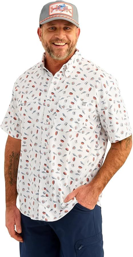 HUK - Men's Tide Point Pattern Short Sleeve Shirt, Fishing Button Down