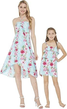 Matching Hawaiian Luau Mother Daughter Dress and Romper in Pink White Hibiscus Vine