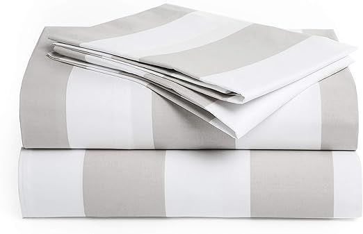 Peru Pima 415 Thread Count Percal California King Sheet Set - 100% Peruvian Pima Cotton, 4 Piece (Flat, Fitted, 2 Pillowcases) - Cooling, Crisp, Deep Pocket, Hotel Quality Bedding - Bold Stripe Grey