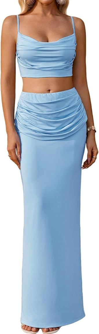 XinFSh Women's Two Piece Maxi Skirt Sets Sexy Summer Beach Vacation Ruched Cami Top Going Out Dress Set Outfits