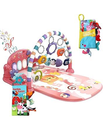 dearlomum Baby Play Mat Baby Gym,Funny Play Piano Tummy Time Baby Activity Mat with 5 Infant Sensory Baby Toys & 2 Baby Book Toys, Boy & Girl Gifts for Newborn 0 to 3 6 9 12 Months(Pink), Medium