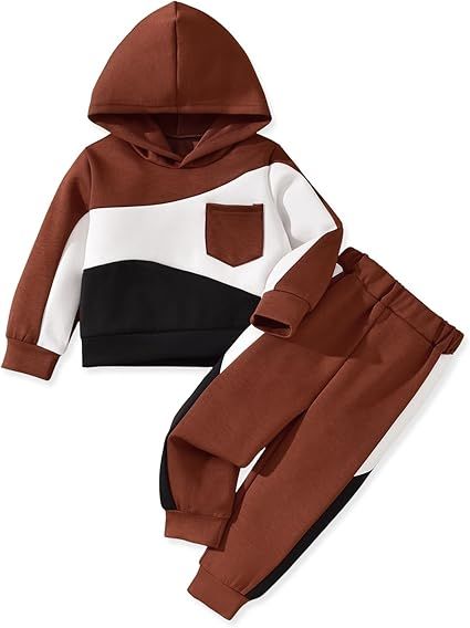 HINTINA Toddler Boy Color-blocked Hoodie Sweatsuit And Pant 2 Pieces Outfits