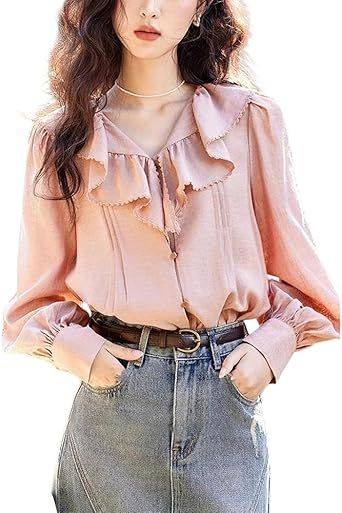 Women's Long Sleeve Dressy Casual Work Blouse Front Pleated Tunic Chiffon Shirts