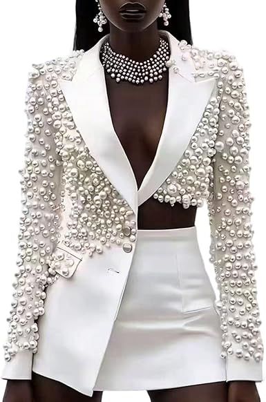 Luxury Pearl Beaded Blazer Skirt Suit for Women Fashion One Button Asymmetrical Blazer Jacket Bodycon Skirt Set