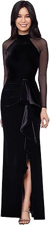 Betsy & Adam Women's Betsy & Adam Women's High Neck, Floor-Length, Velvet Gown with Mesh Illusion Long Sleeves