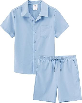 MoFiz Boy's Short 2 Pieces Set Casual Beach Outfits Button Down Shirts Shorts Vacation Texture Sets Kids 6-16 Years