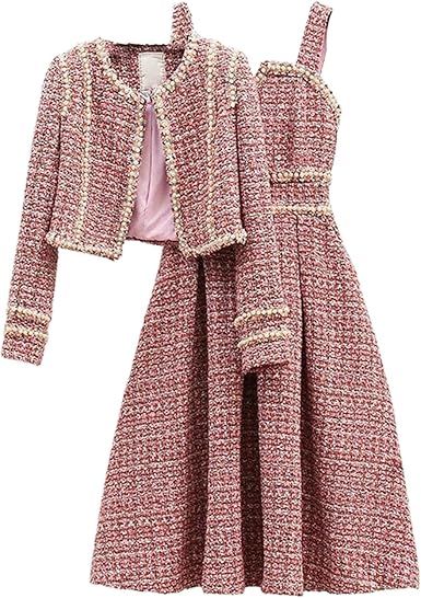 Fall Winter Tweed Dress and Jacket 2 Piece Set Women Tweed Short Jacket Coat+Beading Vest Dress Sets