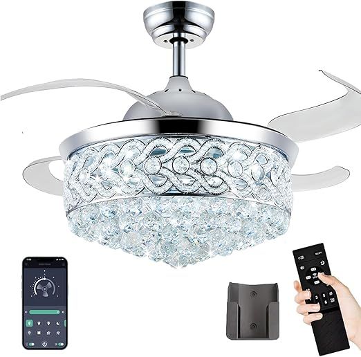 42 Inch Chandelier Crystal Ceiling Fan with Light Remote Dimmable Fandelier Ceiling Fan with Light Color Change 6 Speed Retractable Blades Ceiling Fan Light for Bedroom Indoor Living Room Chrome