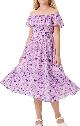 GRACE KARIN Girls Floral Dress Summer Midi Dress Off Shoulder Ruffle Spring Long Dresses