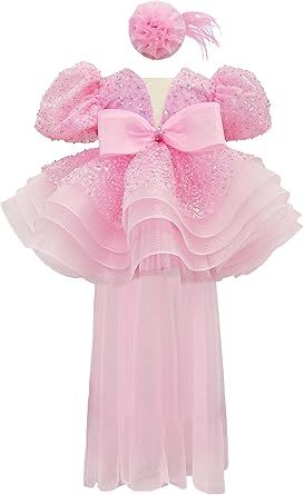 Sequins Pageant Princess Dress Toddler Girls Bubble Sleeves Birthday Party Dress Flower Girls Tutu Detachable Tail