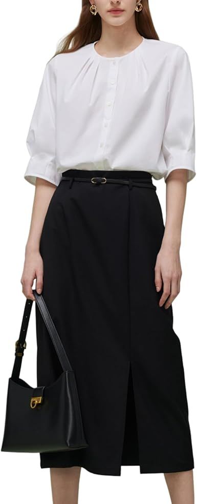 GOELIA Women's Two-Piece Set Skirt and Top Set 3/4 Sleeve Cotton Shirt And Front Slit Skirt With Leather Belt Work Teachers