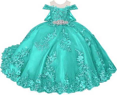 Boatneck Lace Flower Girl Dresses 3D Flower Ball Gown Dresses for Girls Pearly Crystal Girls Pageant Dress