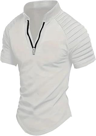 Men's Lapel Shirt Sports Solid Color Standing Collar Pleated Zipper Breathable Casual Top Short Sleeve