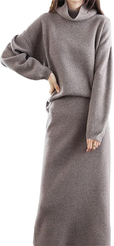 Autumn/Winter Women's Cashmere Sweater Dress Loose Turtleneck 100% Wool Over Knee Knit Skirt Two Piece Set
