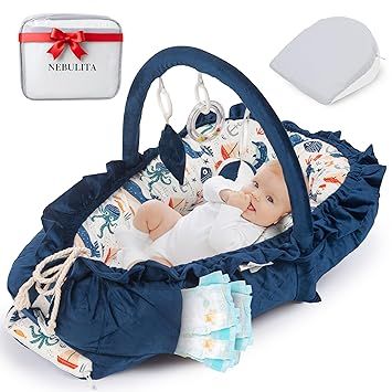 Newborn Lounger Blue - Flexible & Portable w/Infant Support Cushion, Soft & Breathable 100% Cotton - Multi-Use Supervised Baby Lounger for Floor, Travel, Changing Mat Alternative - Premium