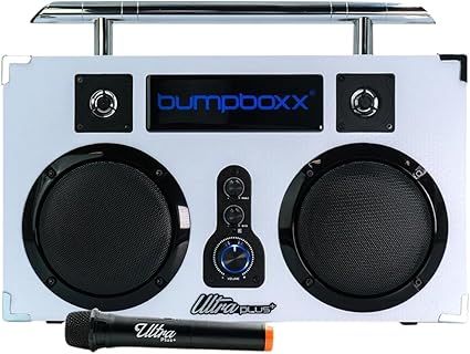 Bumpboxx Bluetooth Boombox Ultra Plus | Retro Boombox with Bluetooth Speaker | Includes Rechargeable Lithium Battery, Carrying Strap & Mic | Easy to Carry | White