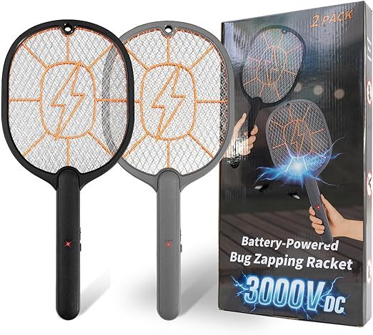 2-Pack Electric Fly Swatter, Black & Gray, AA Battery Operated Bug Zapper Racket for Indoor/Outdoor Use, Mosquito & Fly Killer, Handheld Insect Catcher