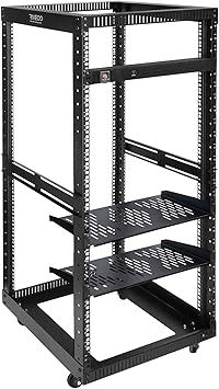 RIVECO 12U 19” Adjustable Depth Server Rack Floor Standing 4 Posts Construction with Load-Bearing Casters for Network Equipment +1U Rack Shelves 35CM Depth 2PCS