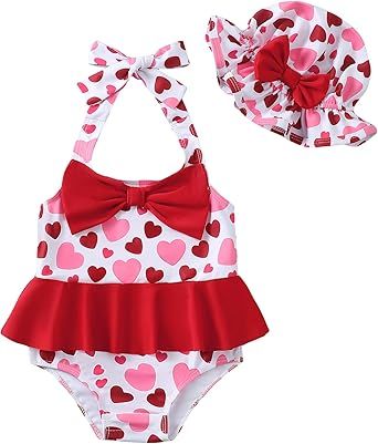 Kucnuzki Baby Girl Swimsuit Newborn One Piece Bathing Suit Bow Tie Bikini Tankini Infant Swimwear with Hat