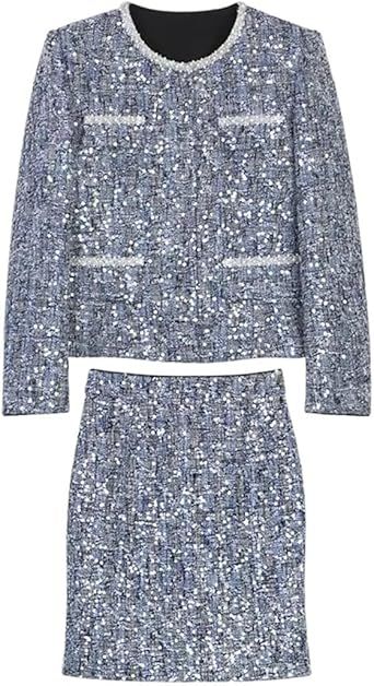 Women's Elegant Stripe Full Opening Pearls Sequin Decorated Jacket Skirt Set