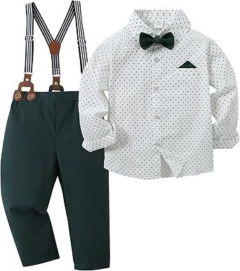 DISAUR Boy Suits Boys Wedding Outfit Dress Shirt with Bowtie/Suspender Pants for Formal Occasion 6-10 Years